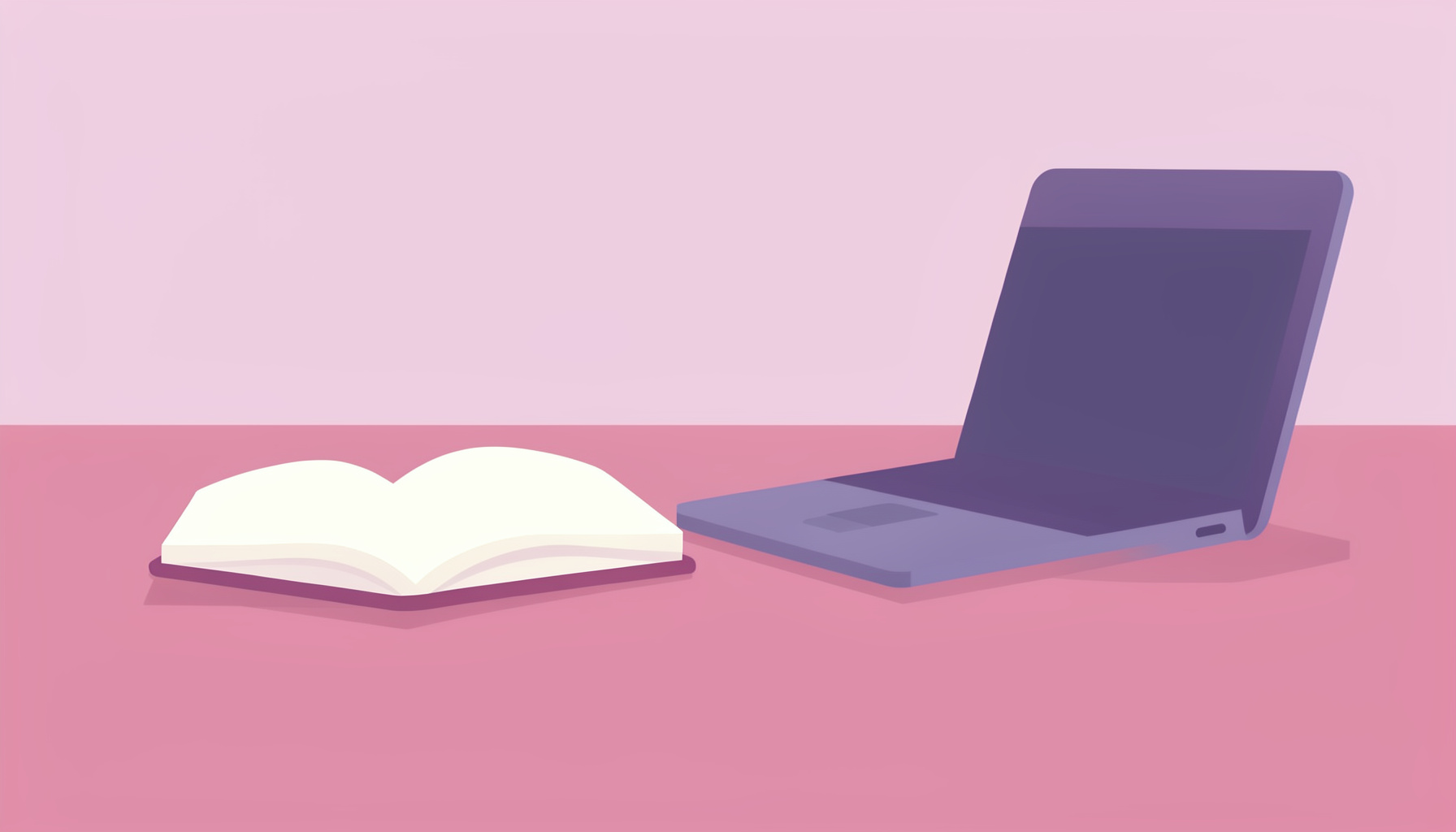 Flat vector illustration of a calm study scene with an open book beside a laptop on a desk