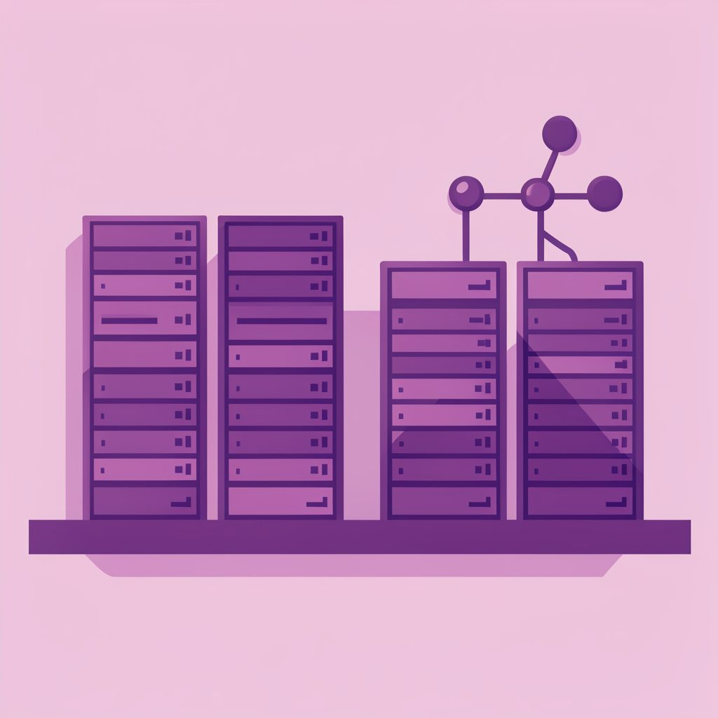 Circular abstract badge showing stylized server racks and network nodes in purple and violet tones