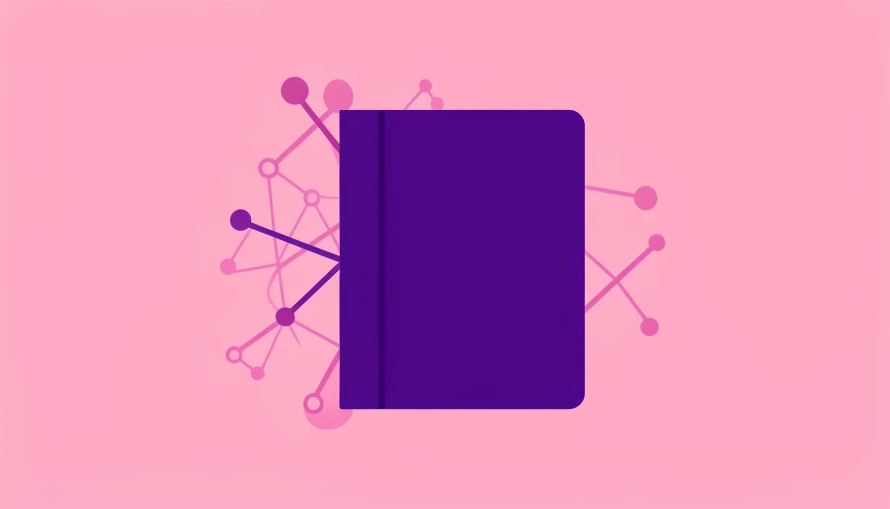 Flat vector illustration of a study guide with a violet cover and abstract network symbols
