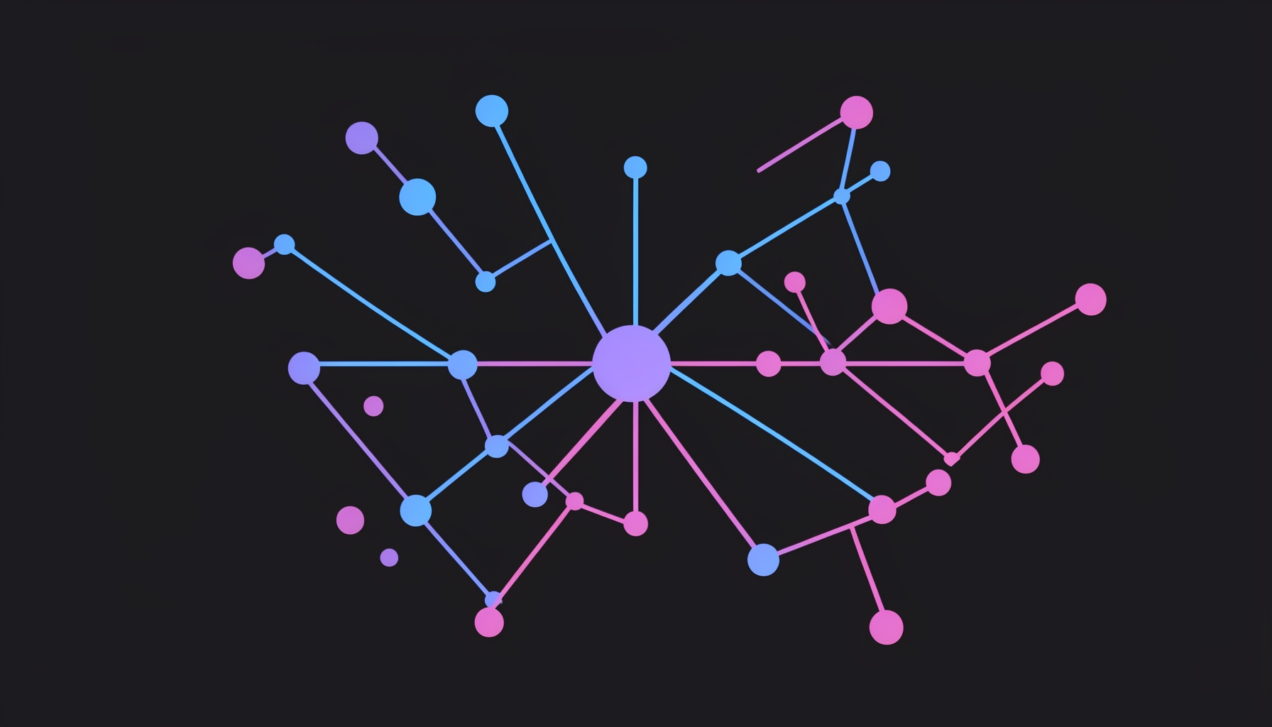 Circular abstract network topology badge with glowing blue and violet nodes on a dark background